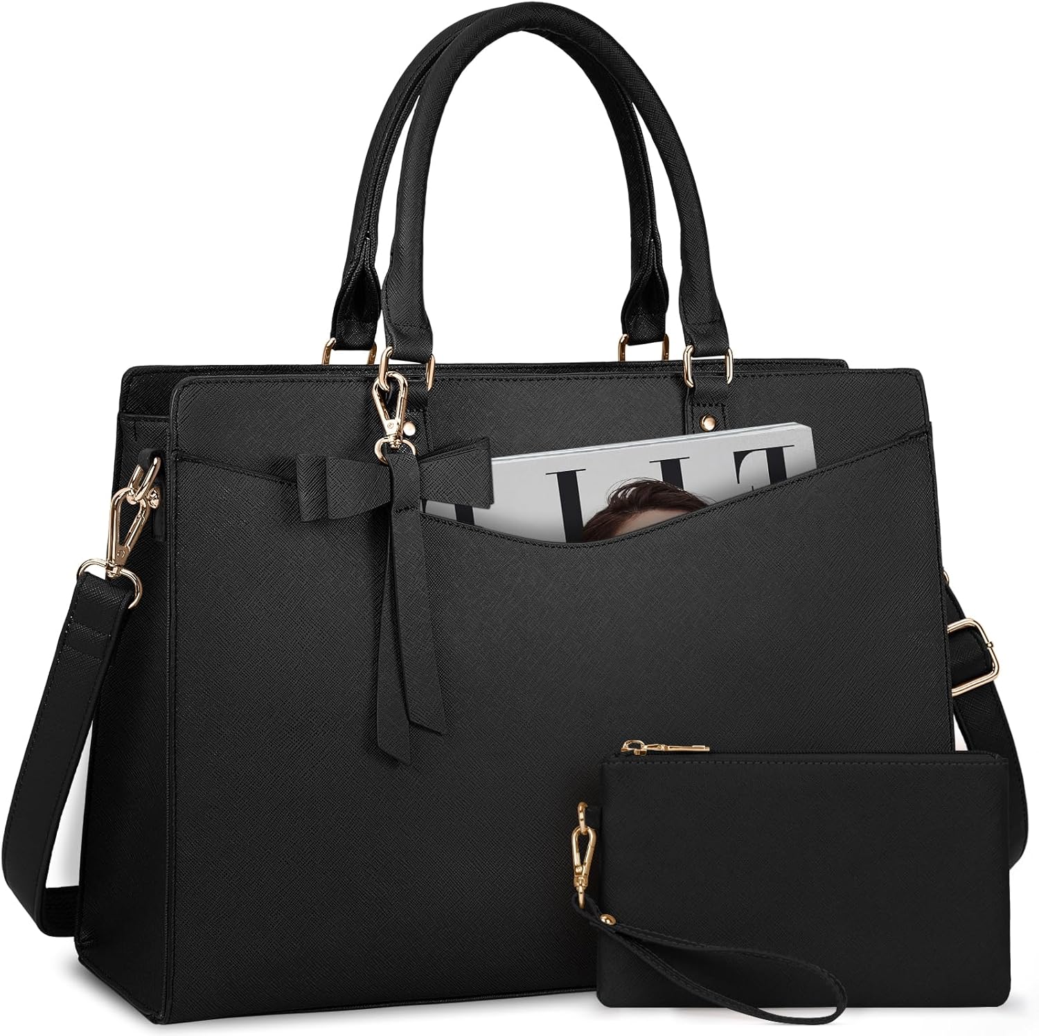 RAINSMORE Laptop Bag for Women 15.6 Inch Laptop Tote Bag Waterproof PU Leather Handbag with Clutch Bag Work Business Office Bags Briefcase