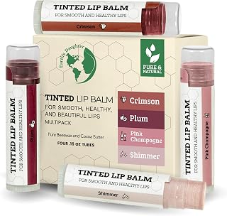 Tinted Lip Balm by Earth’s Daughter – 4 Pack of Assorted Colors – Beeswax, Coconut Oil, Cocoa Butter, Vitamin E – Moisturize and Beautify – Paraben Free