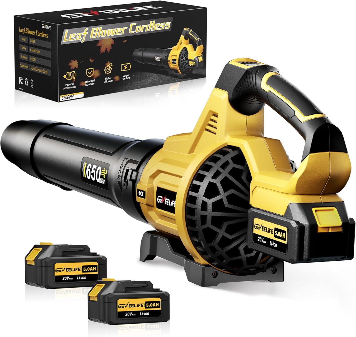 Leaf Blower Cordless, 650CFM & 3 Speed Levels, Electric Cordless Leaf Blower with 2 * 5.0Ah Battery Powered, Blowers for Lawn Care, Yard, Blowing Leaves, Dust, Snow