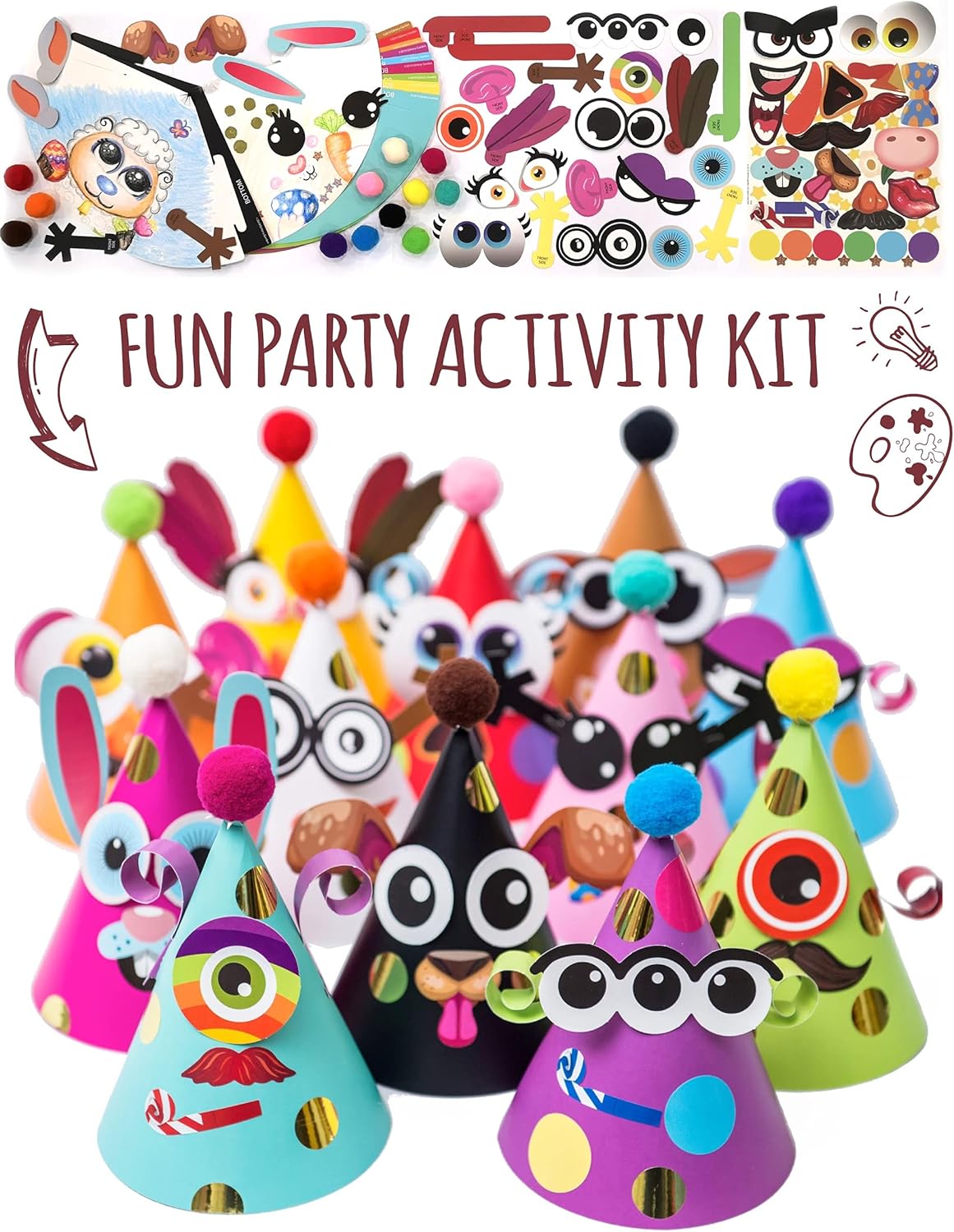 Glittery Garden 24 Pcs Party Hats Birthday Activity Kit with Stickers, Fun Arts & Crafts for Kids. Animal & Monster Theme Party Favor, Game Supplies