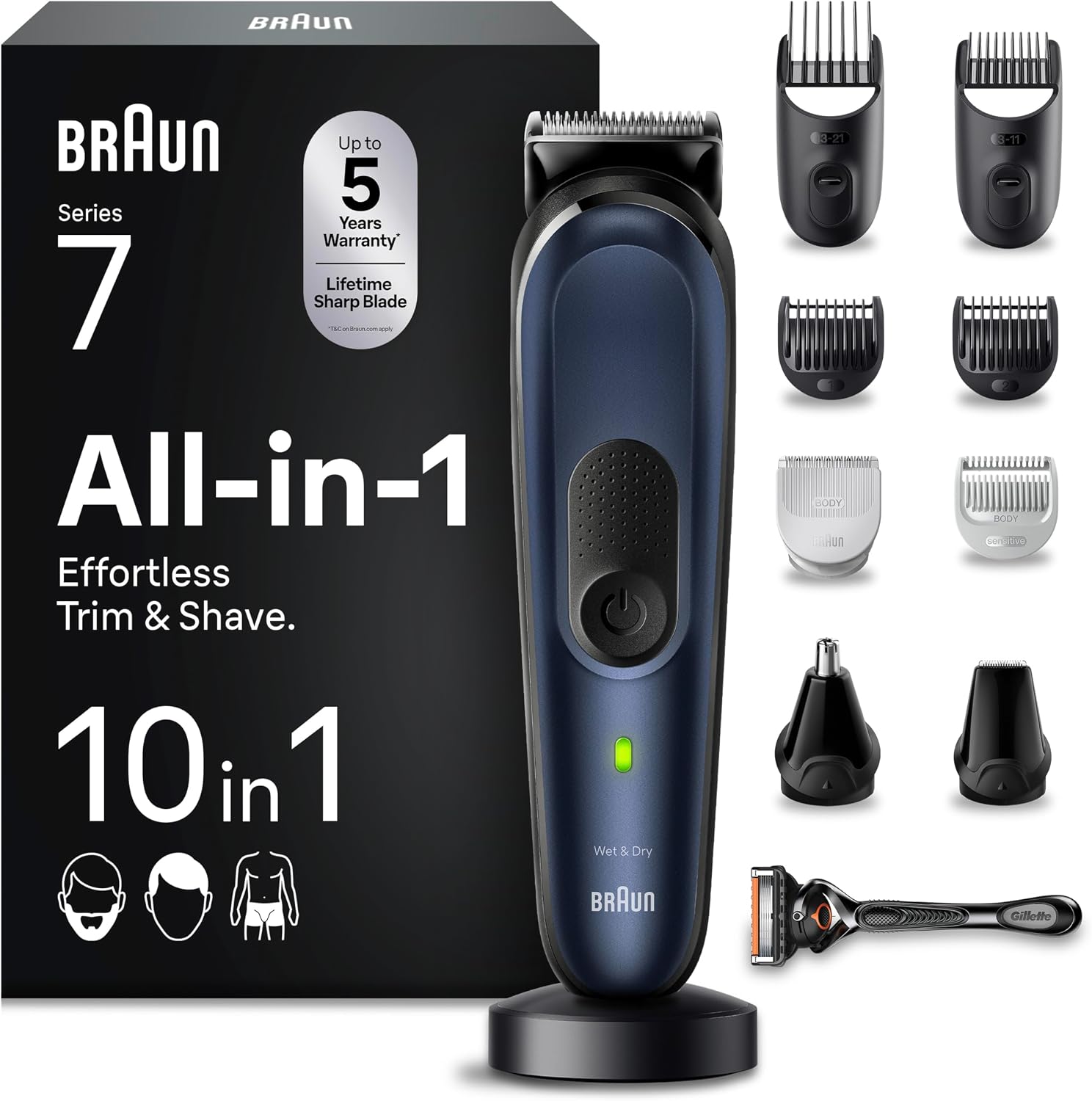 Braun All-in-One Style Kit Series 7 MGK7410 10-in-1 Grooming Kit for Men, for Beard Trimming, Manscaping, Hair Clipping & More, with Charging Stand & Pouch, Waterproof, Rechargeable