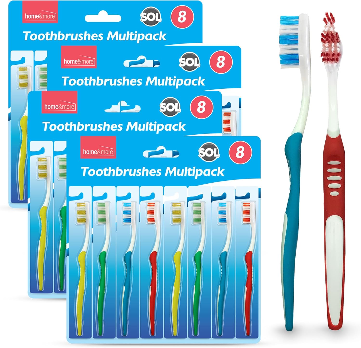 SOL 32pk Manual Toothbrush Multipack, Smokers Soft Tooth Brushes for Adults, Family Pack Assorted Colours, Firm Nylon Bristles for Effective Cleaning, Disposable, Ideal for Daily Oral Care