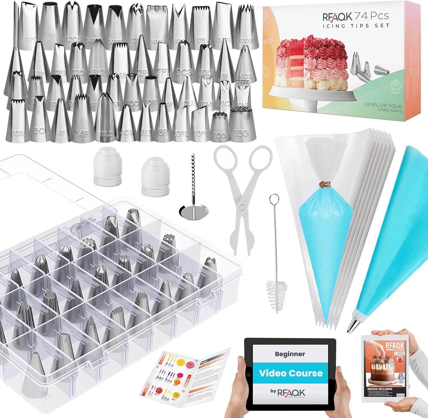 RFAQK 74 PCs Piping Bags and Nozzles | Cake Decorating Kit-48 Numbered Icing Nozzles with Pattern Chart & EBook-Flower Lifter&Nail, Icing Bags and Nozzles Set Cake Piping Nozzle Set & Icing Piping Kit