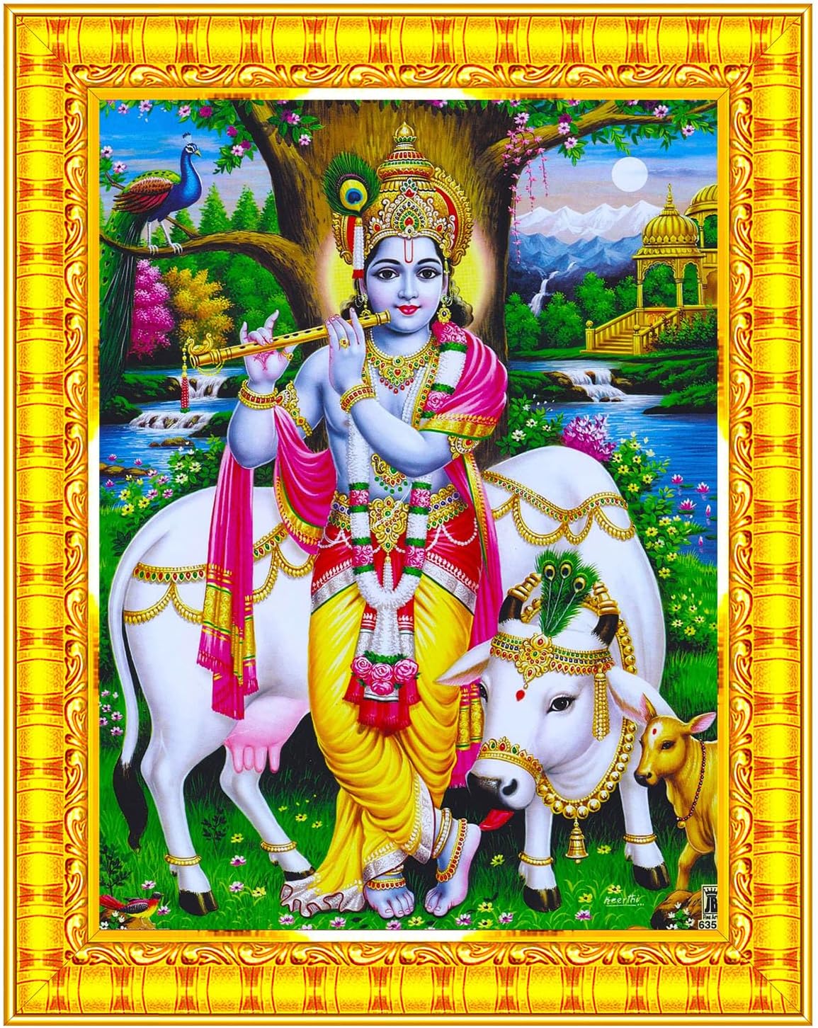Pavan Photo Laminations Lord Gopala Krishna Murali Gopal Cow Calf Wall Painting Framed Home Decor (Wood,Matte,Gold,Big Size,10 x 12 Inch) R683M