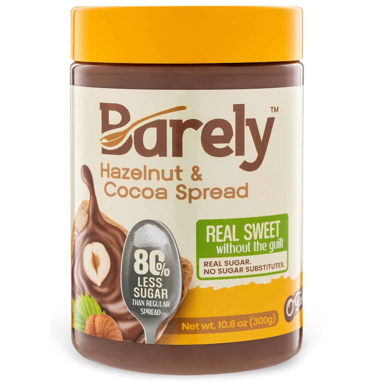 Hazelnut & Cocoa Spread by Barely, Low Sugar & No Artificial Sweeteners, Vegan, Keto Friendly, Delicious Chocolate Spread & Dessert Dip, 3.2 g Cane Sugar per Serving, 1-Pack