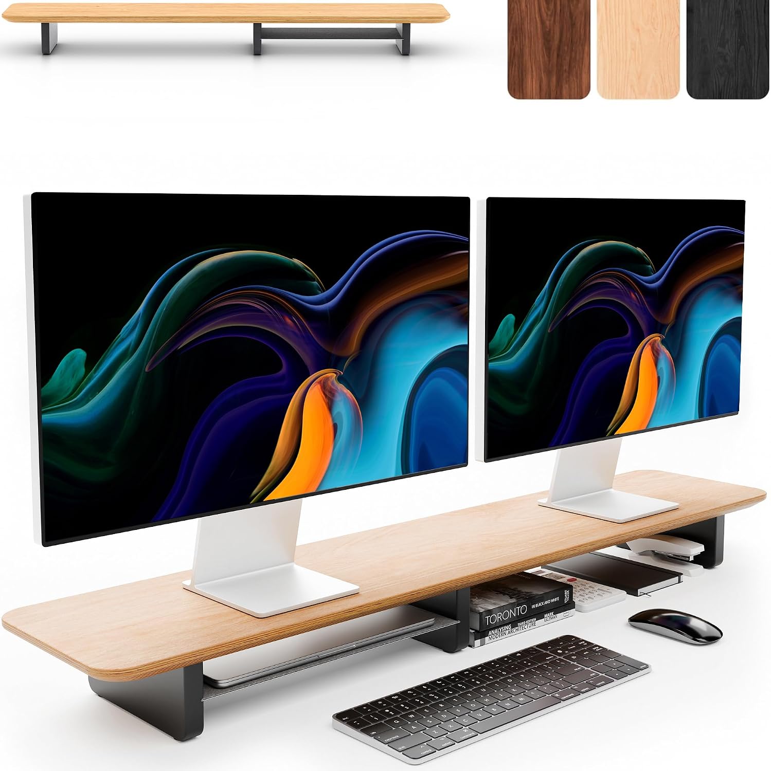 KIVY Dual Monitor Riser With Integrated Metal Shelf - Wooden Desk Shelf