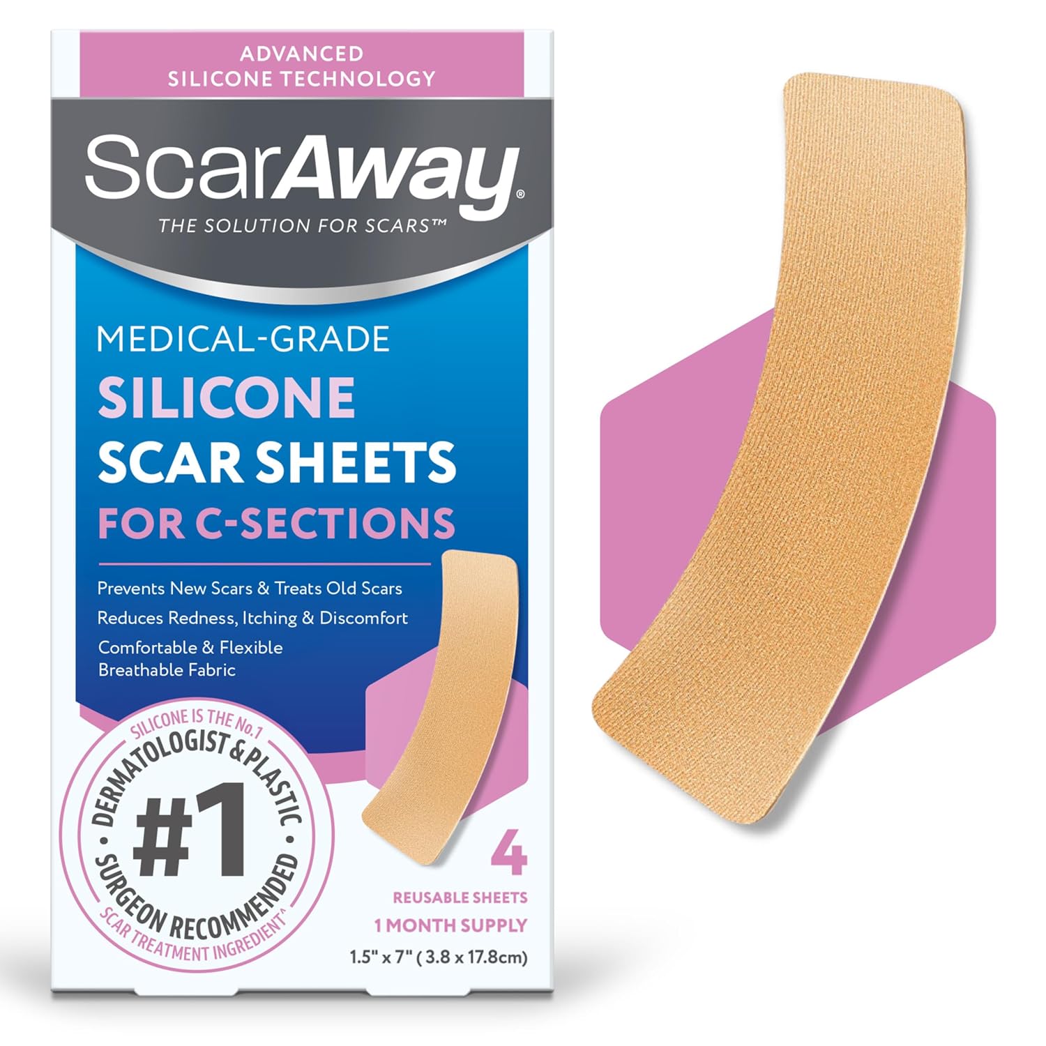 ScarAway C-Section Scar Sheets, Medical Grade Silicone, Tan, 1.5x7in, 4 Ct