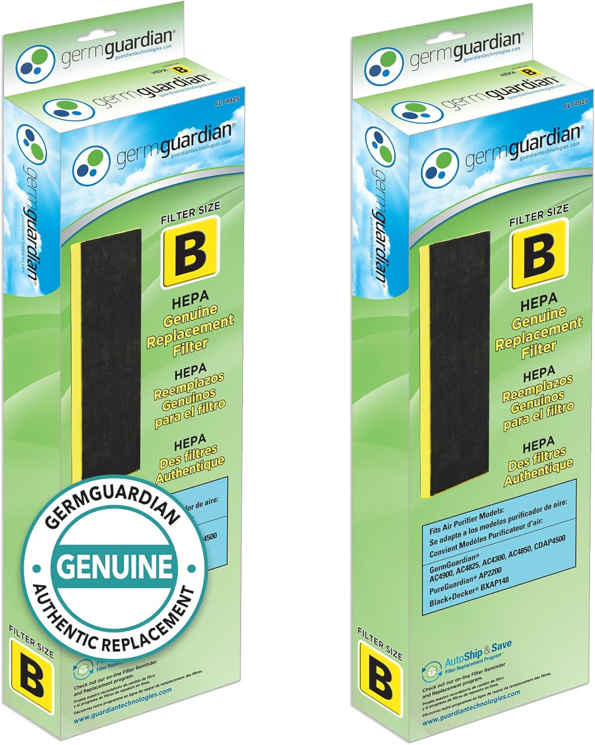 GermGuardian Filter B HEPA Pure Genuine Air Purifier Replacement Filter, Removes 99.97% of Pollutants for AC4825, AC4300, AC4900, AC4825DLX, AC4850, CDAP4500, AP2200, Black/Yellow, FLT4825