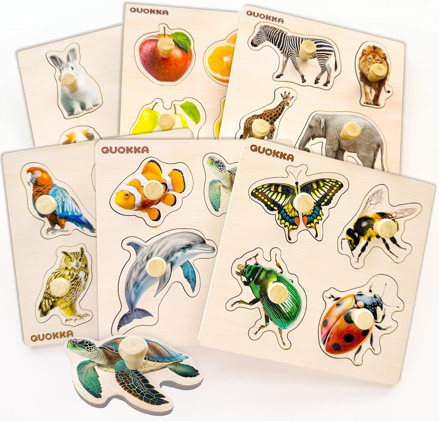 QUOKKA Wooden Puzzles for 1 2 3 Years Old – 6 Set Educational Peg Jigsaw Puzzles for Kids – Realistic Animal Learning Toys – Gift Game for Toddler Boy and Girl