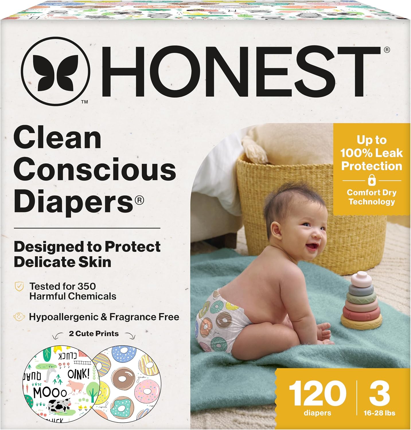 The Honest Company Daytime Daytime Diapers, Barnyard Babies, Size 3, 120ct