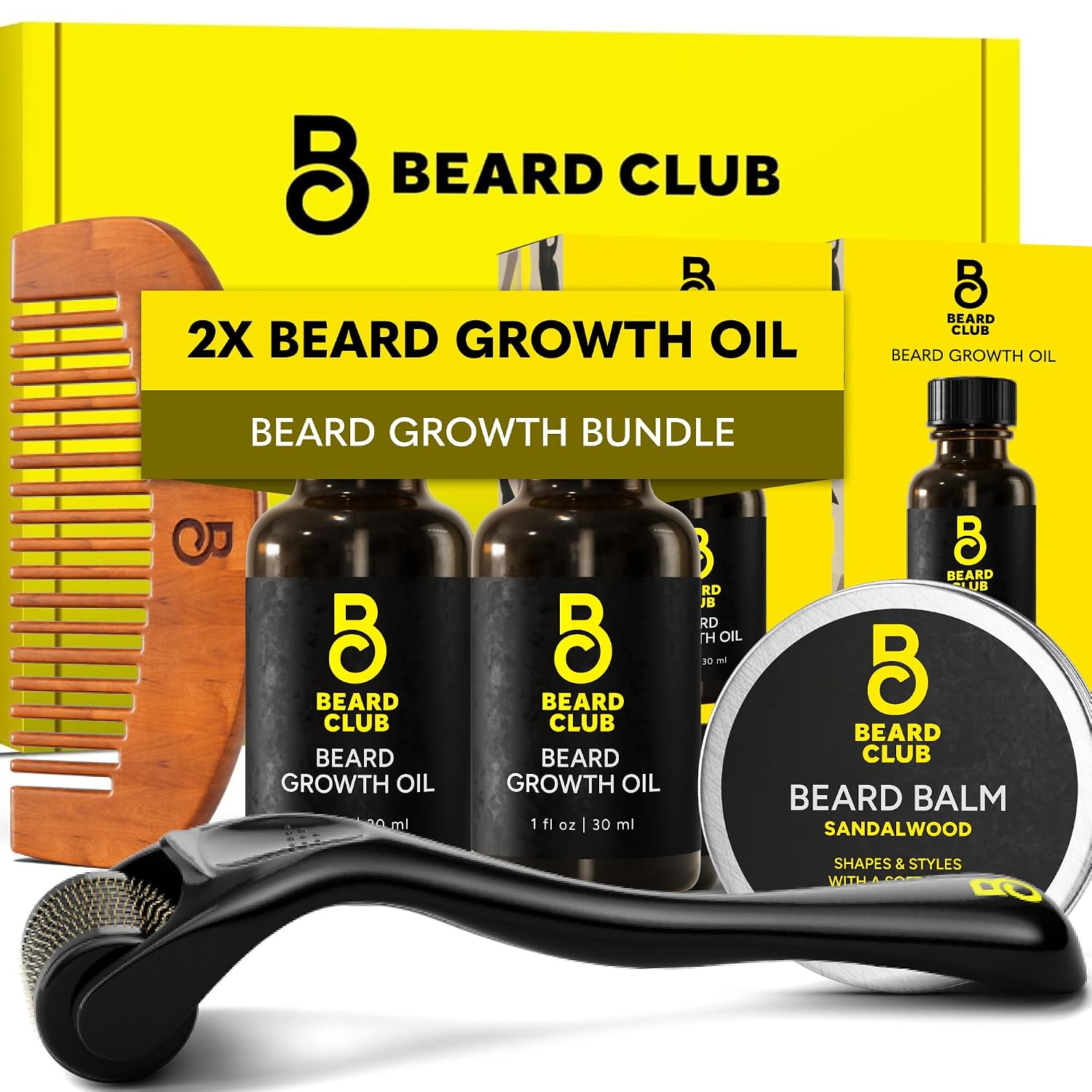 The Beard Club Enhanced Beard Growth Kit - Derma Roller, Beard Growth Oil (2PK), Sandalwood Beard Balm, Comb - Gift Set