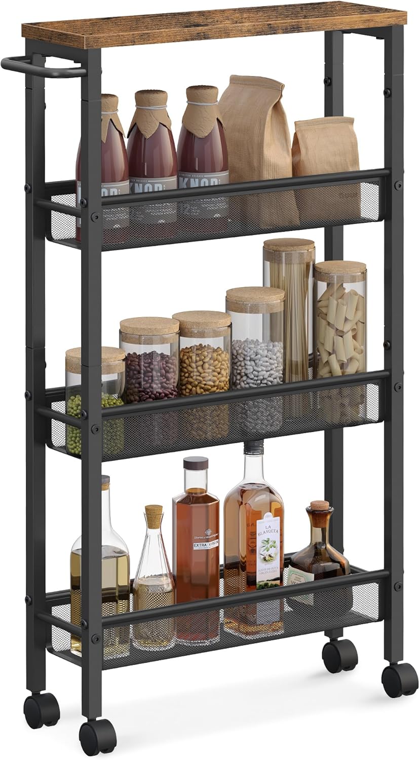 SONGMICS VASAGLE 4-Shelf Trolley, Space-Saving Kitchen Cart with Wheels, Steel Frame, Handle, Trolley for Small Spaces, Kitchen Bathroom Living Room Studio, Rustic Brown and Black LRC032B01V1
