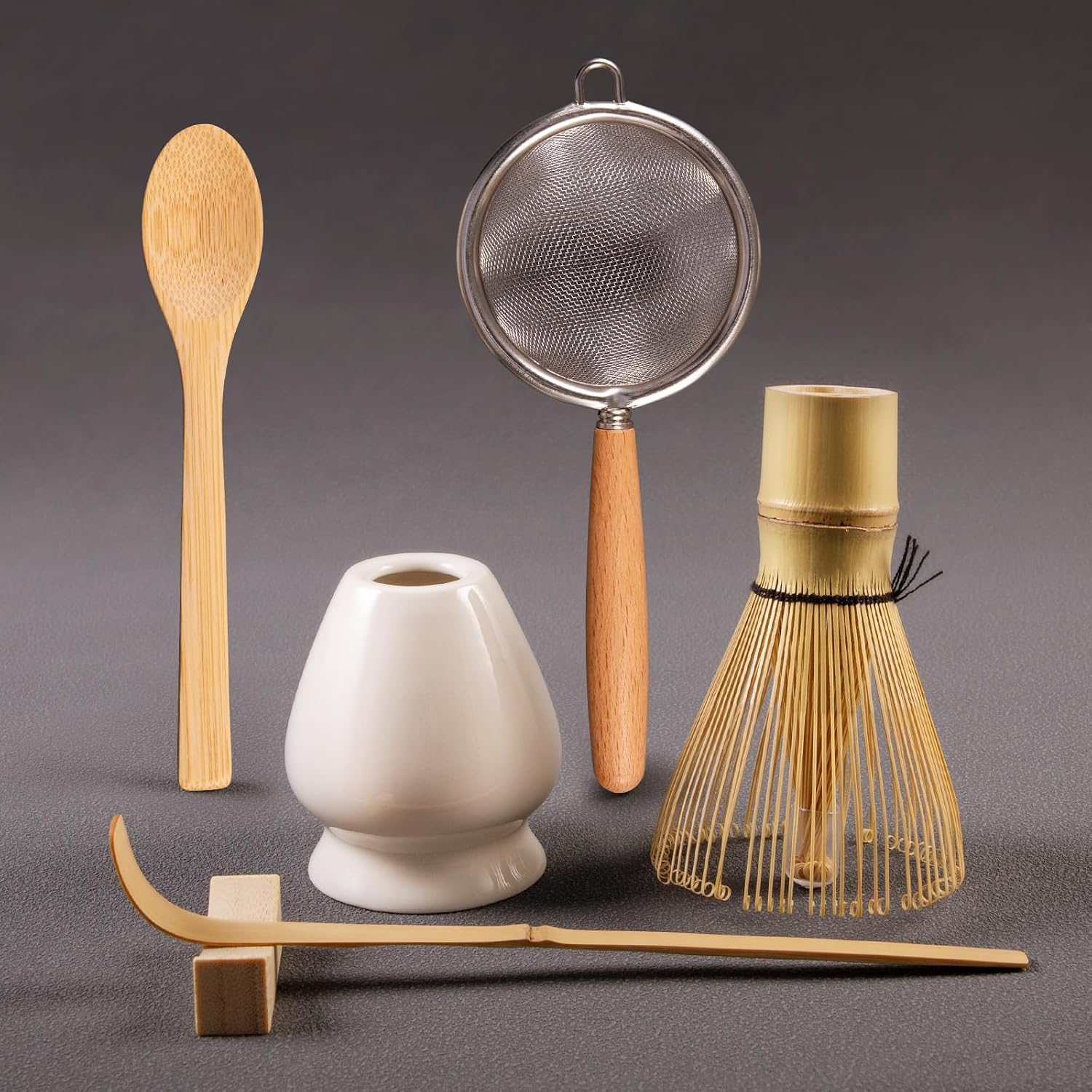 COANTO Matcha Whisk Set - Includes Sifter Bamboo Whisk (Chasen), Tea Spoon, Spoon Holder, Scoop and Whisk Holder, 6pcs (No Bowl Included)