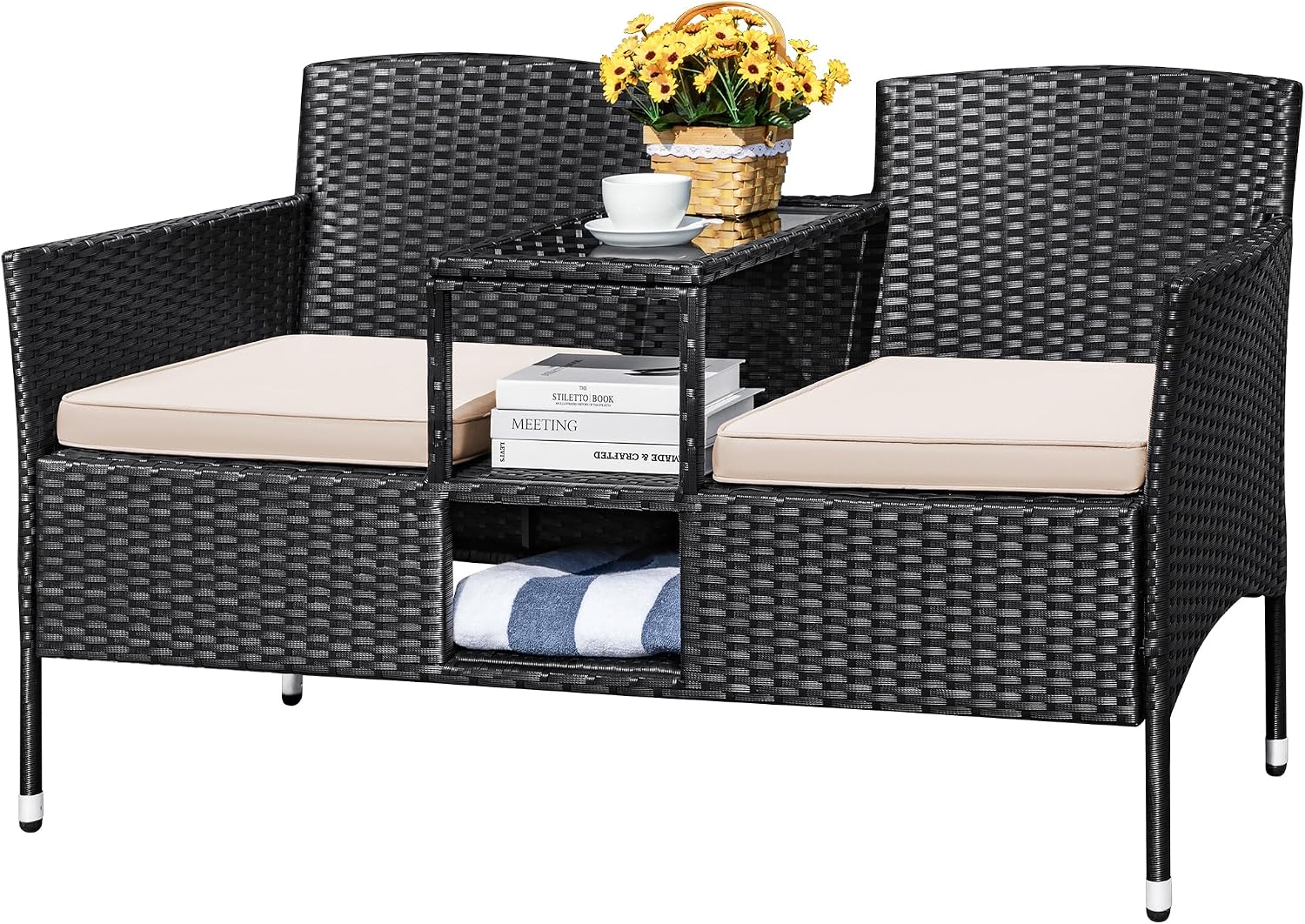 Devoko Outdoor Patio Loveseat Rattan 2-Seat Patio Conversation Set, Beige