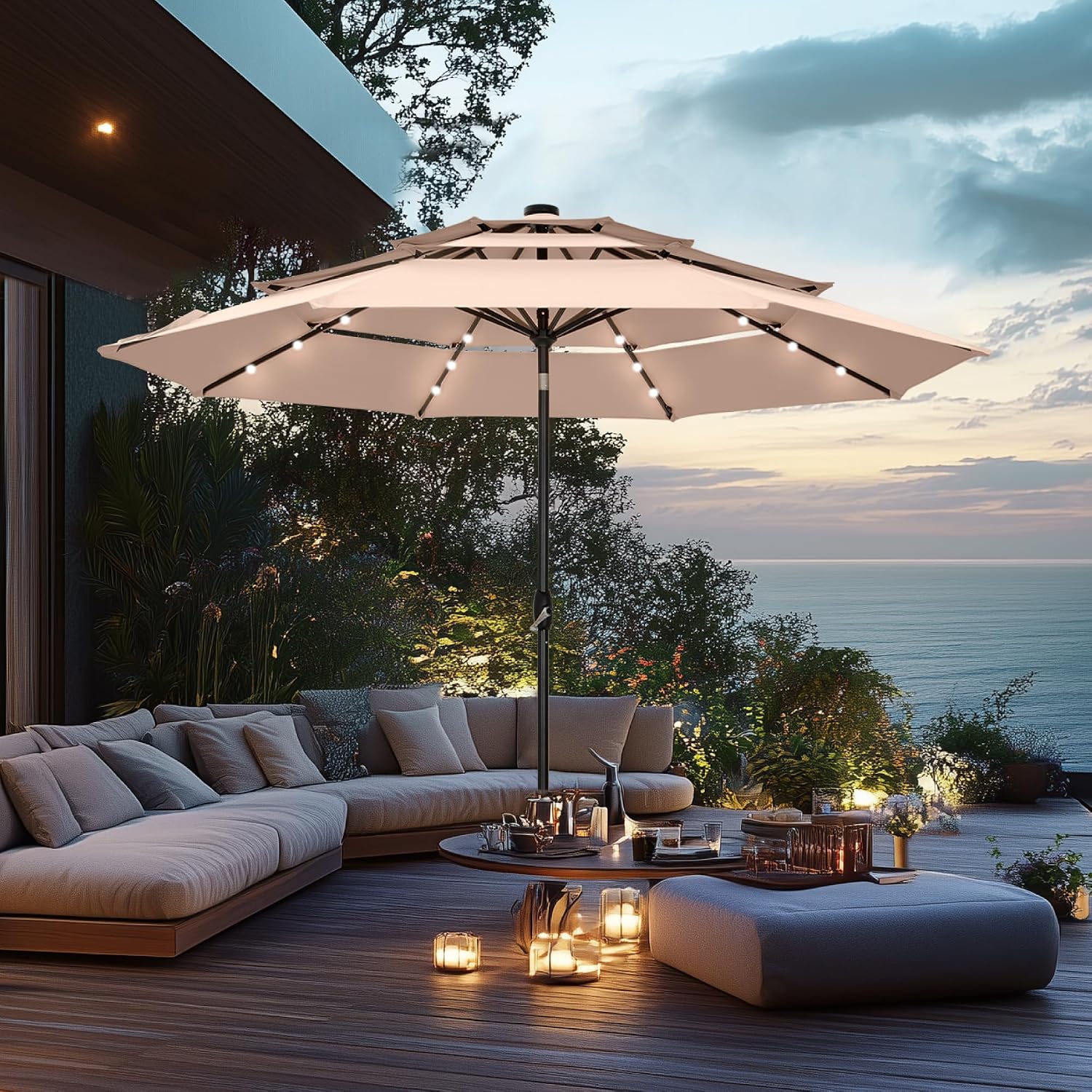 PHI VILLA 3m Garden Parasol Umbrella for Sun Protection 3 Tier Patio Outdoor Waterproof Umbrella with Crank