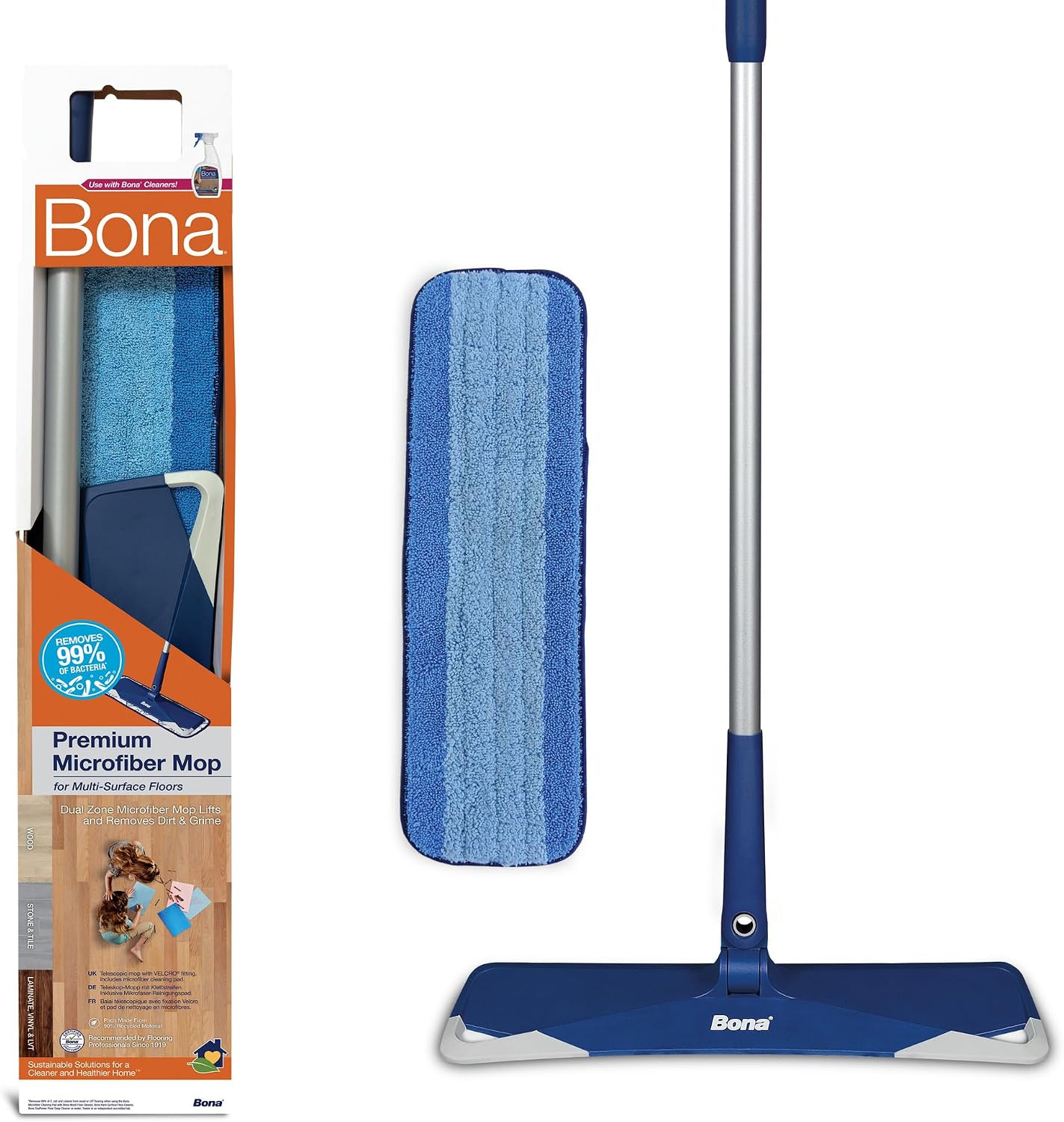 Bona Premium Microfibre Floor Mop Kit - Extra Large Adjustable Flat Mop - Incl. 1 Cleaning Pad, Blue