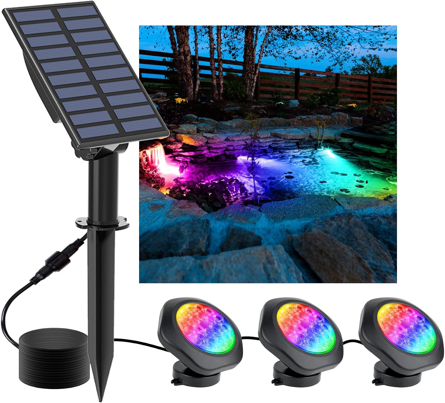 NATPOW Solar Pond Lights, 18 LED Super Bright RGB Landscape Spotlights IP68 Underwater Pond Lights Submersible LED Lights for Fish Aquarium Tank Garden Yard Pool Fountain Pond (3 Head Lamp)