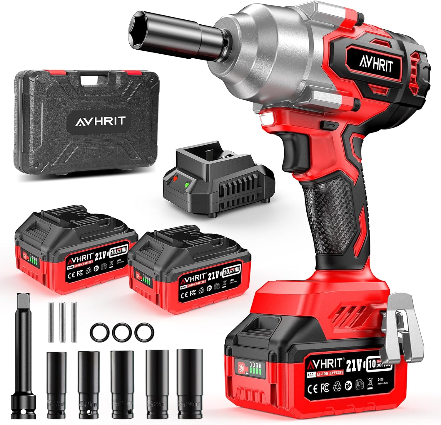 Avhrit Cordless Impact Wrench 1/2", 1106Ft-lbs (1300 N.m) High Torque Electric Impact Gun with 2 X 4000mAh Battery, Fast Charger & 4 Sockets, Power Impact Driver for Car and Home