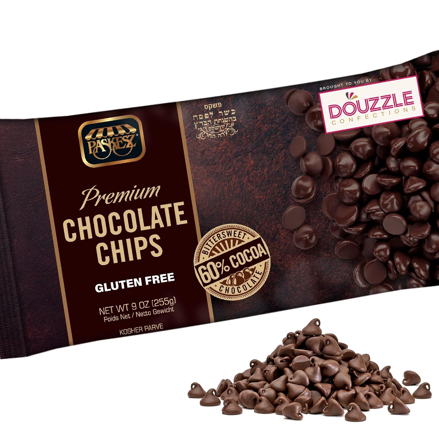 DOUzzle Gluten Free Dark Chocolate Chips for Baking - Premium 60% Cocoa Bittersweet (9 OZ - Pack of 1) Kosher for Passover Food - All Natural, Vegan, Dairy Free, Lecithin Free