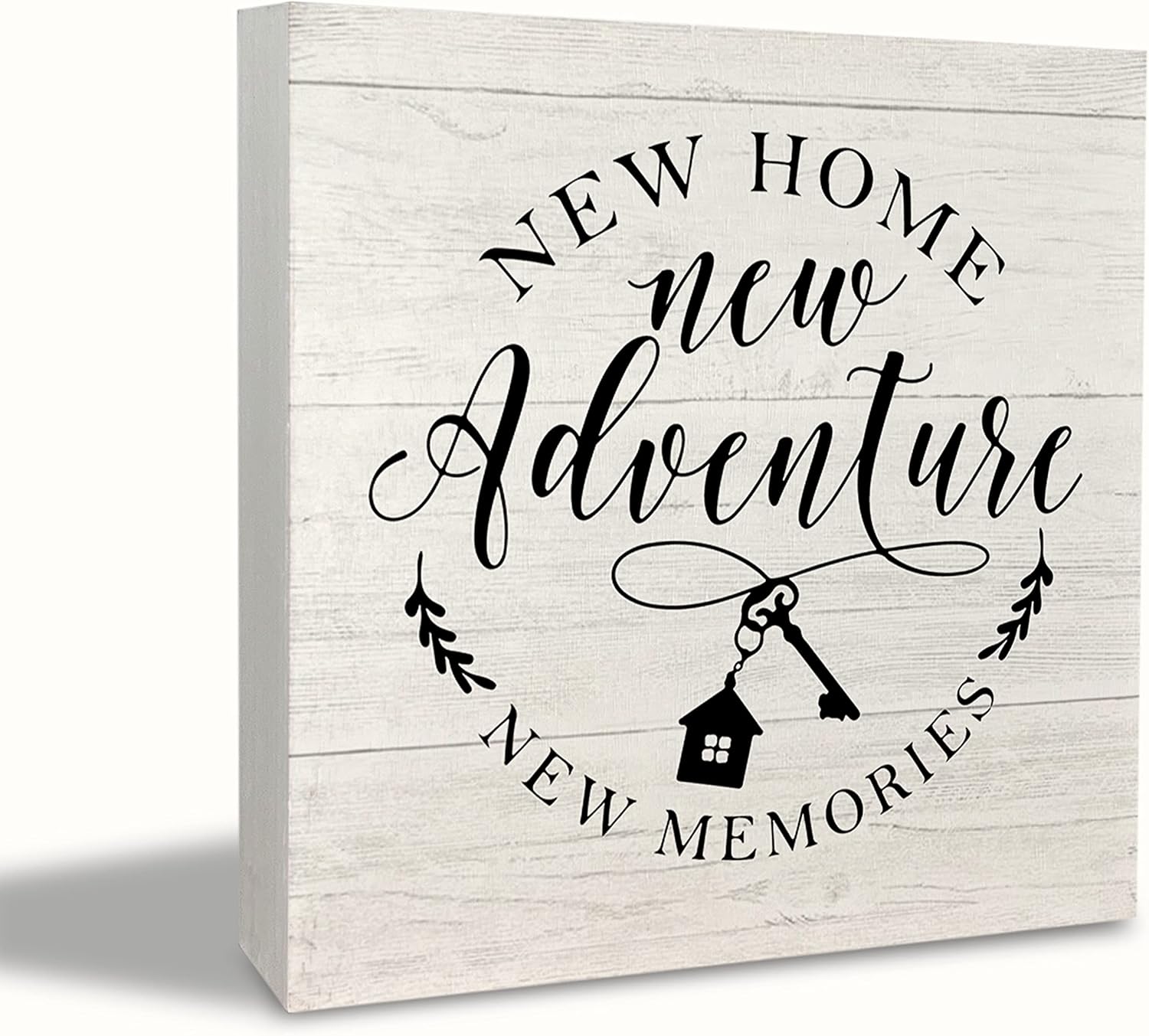 KEUSPI Farmhouse New Home New Adventure New Memories Rustic Family Wood Block Plaque Box Sign Desk Decor for New Home Bedroom Living Room Wall Tabletop Shelf Decorations