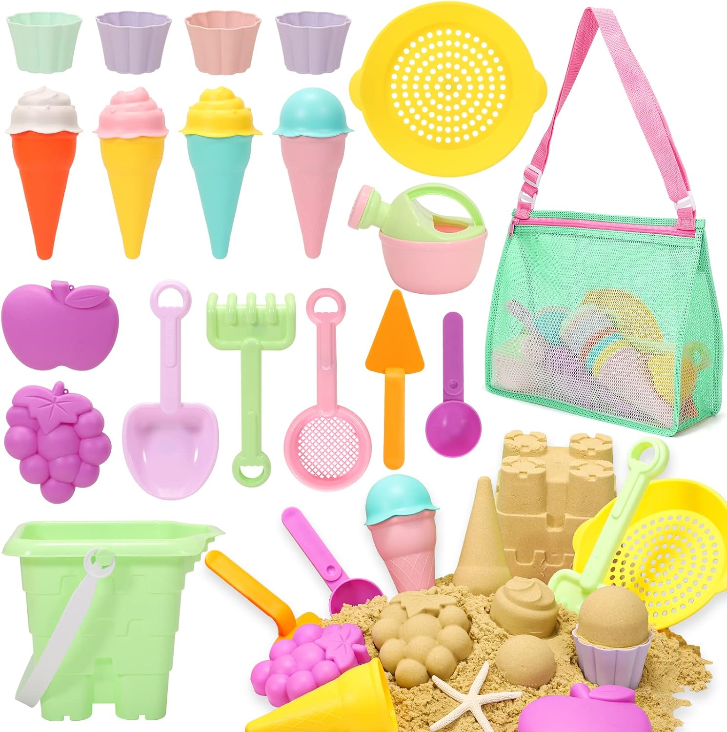 Tagitary Beach Sand Toys for Kids, Beach Toys 23PCS Set with Ice Cream Cake Sand Molds, Mesh Beach Bag, Bucket, Watering Can, Shovel, Rake - Ideal for Toddler Sandbox, Outdoor Play and Beach Travel