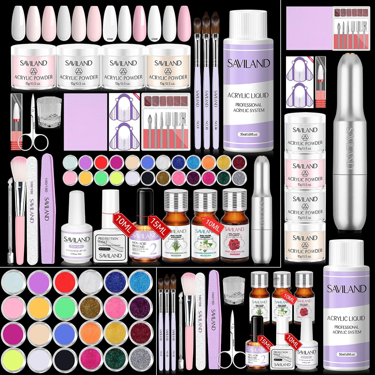 SAVILAND Acrylic Nail Kit with Drill & Essential Oil: Professional Acrylic Nails Kit for Beginner with Everything Nail Powder & Liquid Nail Primer Complete Home DIY Kit Salon Women Christmas Gift