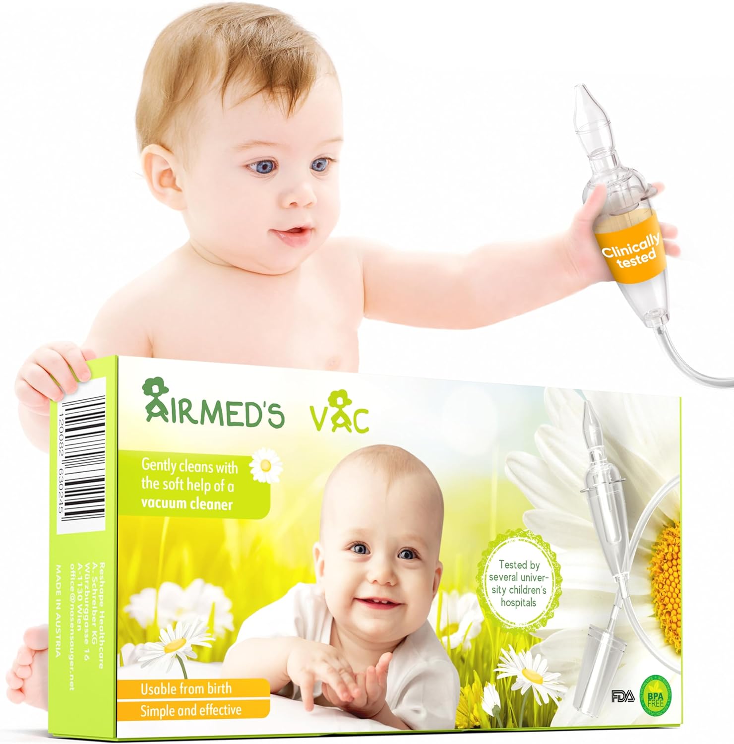 Airmed's Vac Nasal Aspirator Baby. CLINICALLY Tested, Safe and Gentle. Baby Nose Sucker with 2 Suction Heads and Cleaning Brush. Safe and Gentle Baby Nasal Aspirator with Strength of a Vacuum Cleaner