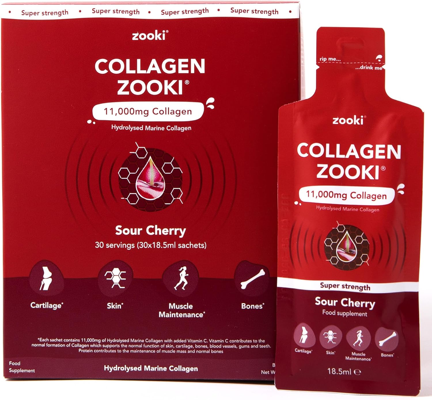 Zooki 11,000mg Super Strength Marine Collagen Liquid Sachets | Hydrolysed Peptides | Ultimate Skin, Hair, Nails, Joints, Bones & Muscles Support (Sour Cherry Flavour, 30 Servings)