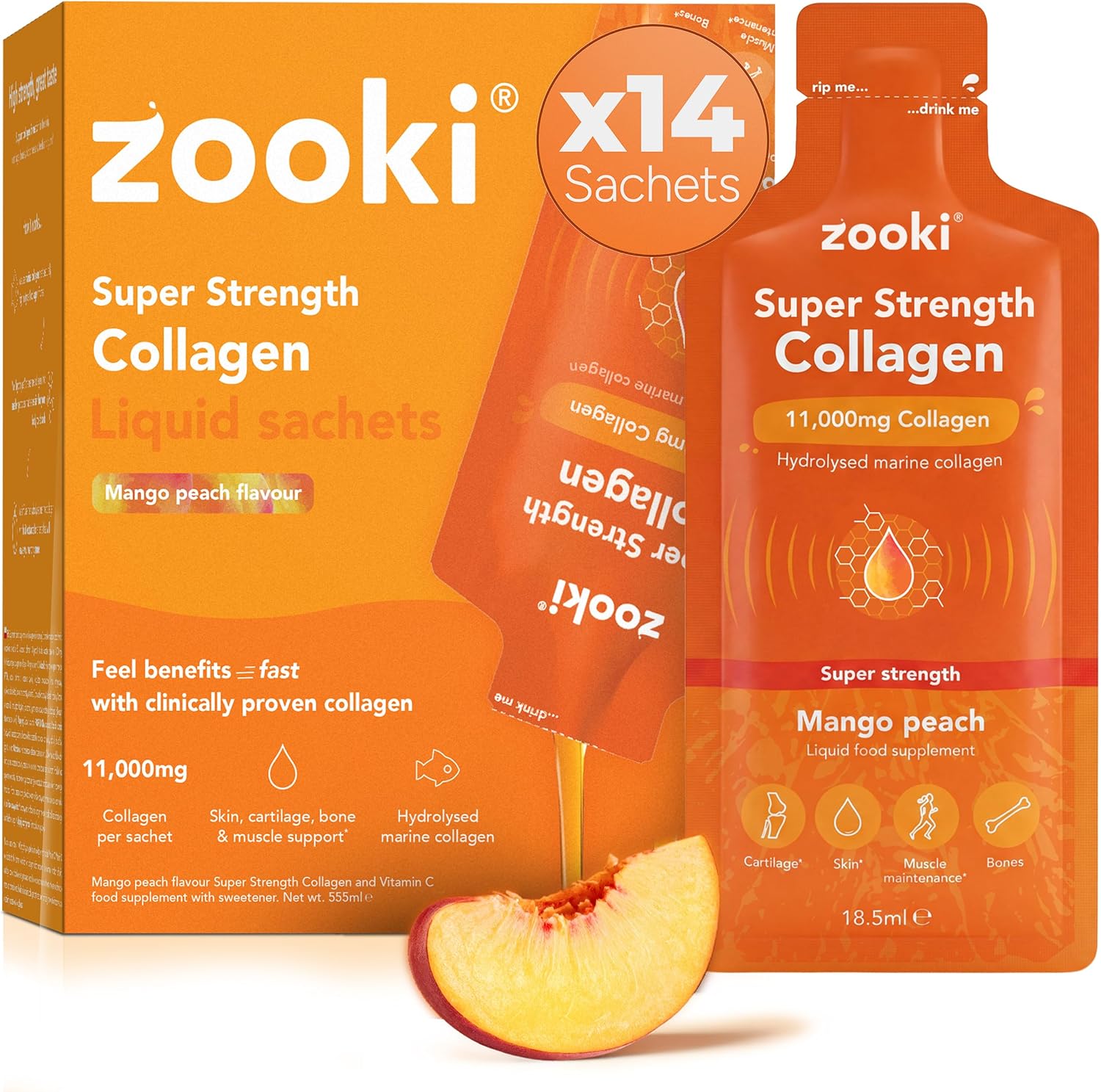 Zooki Marine Collagen 11,000mg Liquid Sachets, Mango Peach, 14 Servings | Super-strength marine collagen supplement, hydrolysed peptides, skin, hair, nails, joints, bones and muscles support