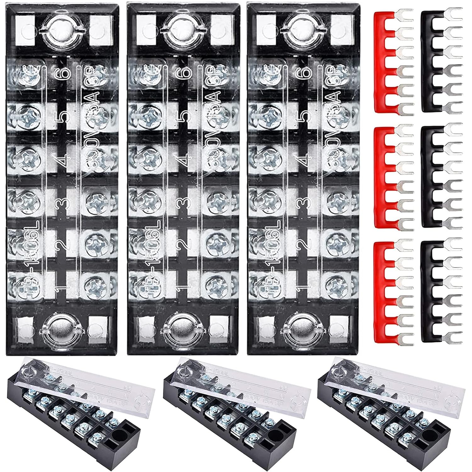 Terminal Blocks 6 Position 12PCS 6 Set, Screw Terminal Block Dual Row Buss Bar Wire Terminal 600V 15A, Bus Bar Terminal Block 12v with Insulated Cover for DIY Small Home Electrical PCB Circuit Project