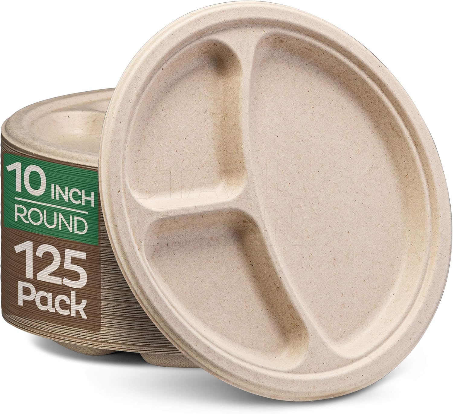 100% Compostable, 3 Compartment, Disposable Paper Plates [125-Pack] - {PFAS Free} - {BPA Certified} - [10 Inch] Heavy Duty Biodegradable Bagasse Sectional Lunch Trays + Dividers - Divided Platte Tray