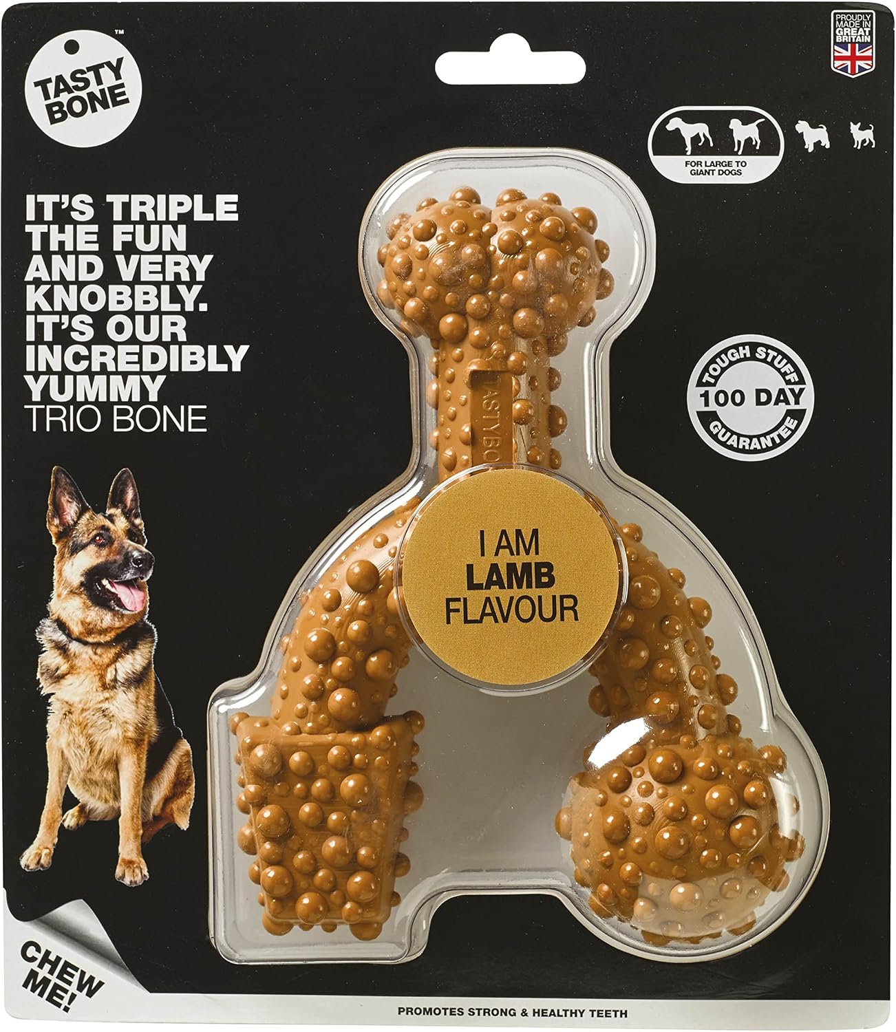 TastyBone TrioBone Nylon Dog Chew Toy for Large Dogs (Lamb) - Indestructible for Aggressive Chewers, Everlasting Flavour, Strong Healthy Teeth, Made in the UK