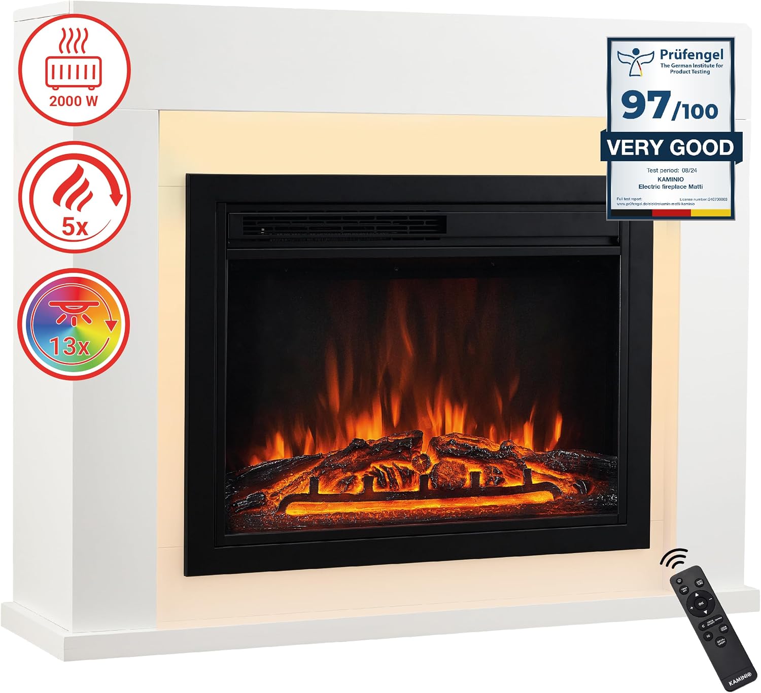 KAMINIO Electric Fireplace MATTI - Freestanding Fireplace with Heater, 3D Flame Effect, LED ambient light, Remote Control - White