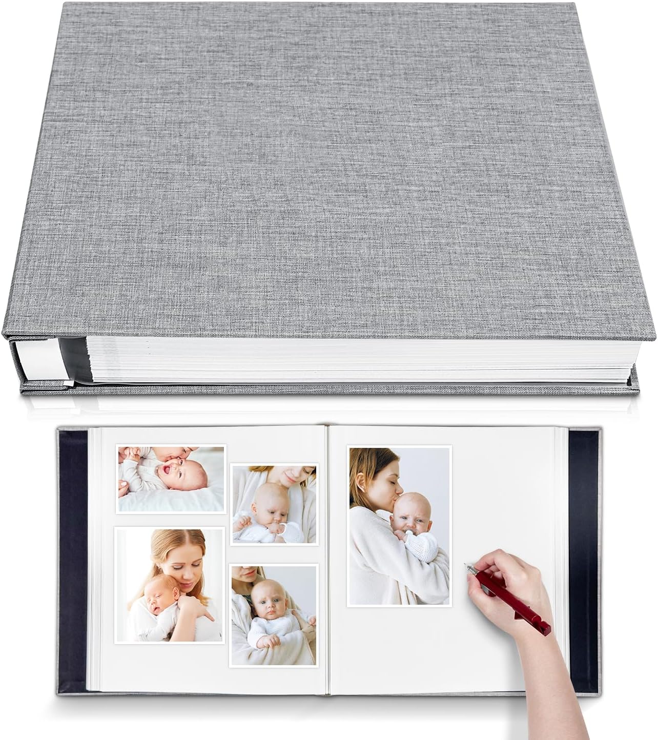 Large Photo Album Self Adhesive for 4x6 5x7 8x10 Pictures Magnetic Scrapbook Album 20 Sheets / 40 Pages Linen Cover DIY Photo Album with A Metallic Pen and and Plastic Board(Grey)