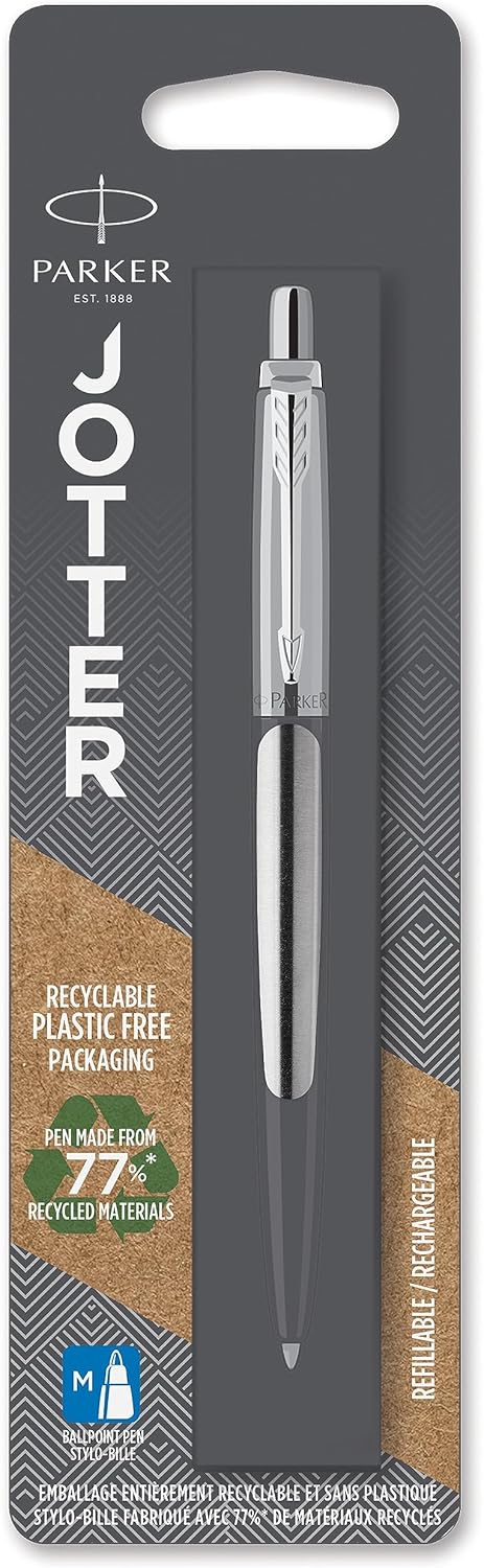 Parker Jotter Ballpoint Pen | Stainless Steel with Chrome Trim | Medium Point Blue Ink