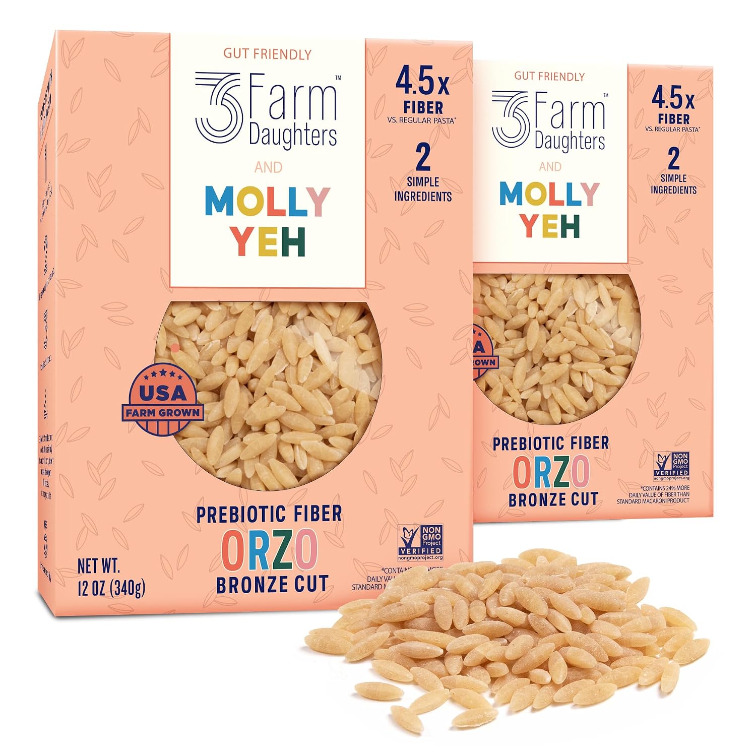 Three Farm Daughters X Molly Yeh High Fiber Orzo Pack, Irresistible, Low GI, Non GMO Orzo Pasta Noodles, Low Net Carb, Made in the USA from Just 2 Simple Ingredients, 12 oz. (2 Pack)