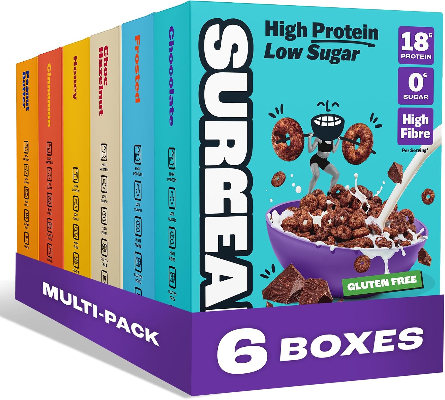 Surreal Gluten Free Mega Bundle - High Protein Cereal – Zero Sugar – Healthy Plant-Based Cereal - High in Fibre - Low Carb - Vegan - 17g-18g of Protein, 0g of Sugar - 240g per box, 6 Pack (1 x each)