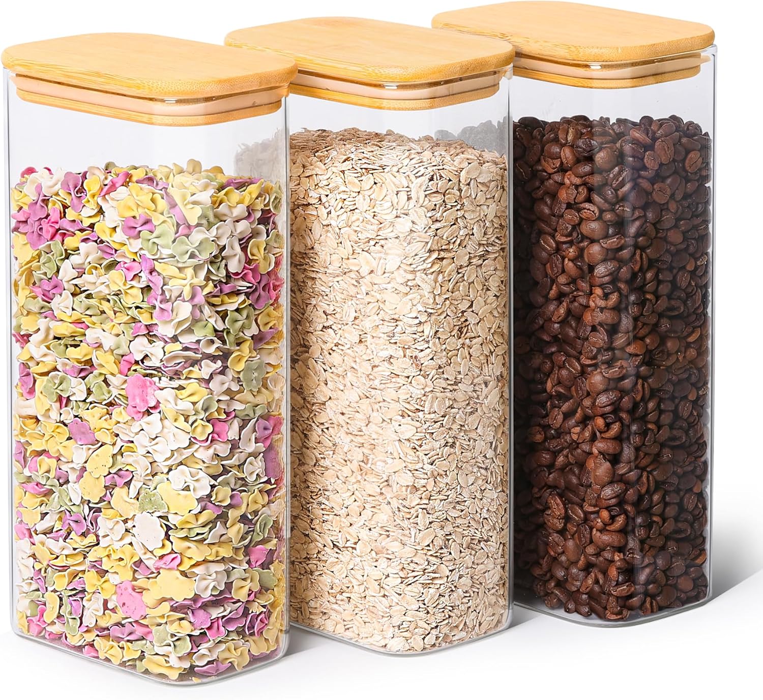 ComSaf 63oz Rectangle Glass Storage Containers with Lids, Glass Jars with Bamboo Lids, Clear Food Storage Jar, Square Glass Canister Set of 3, Pantry Organizers and Storage for Flour Pasta Coffee Bean