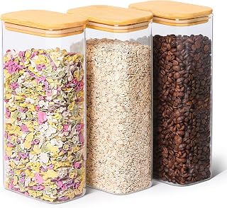 ComSaf 63oz Rectangle Glass Storage Containers with Lids, Glass Jars with Bamboo Lids, Clear Food Storage Jar, Square Glass Canister Set of 3, Pantry Organizers and Storage for Flour Pasta Coffee Bean