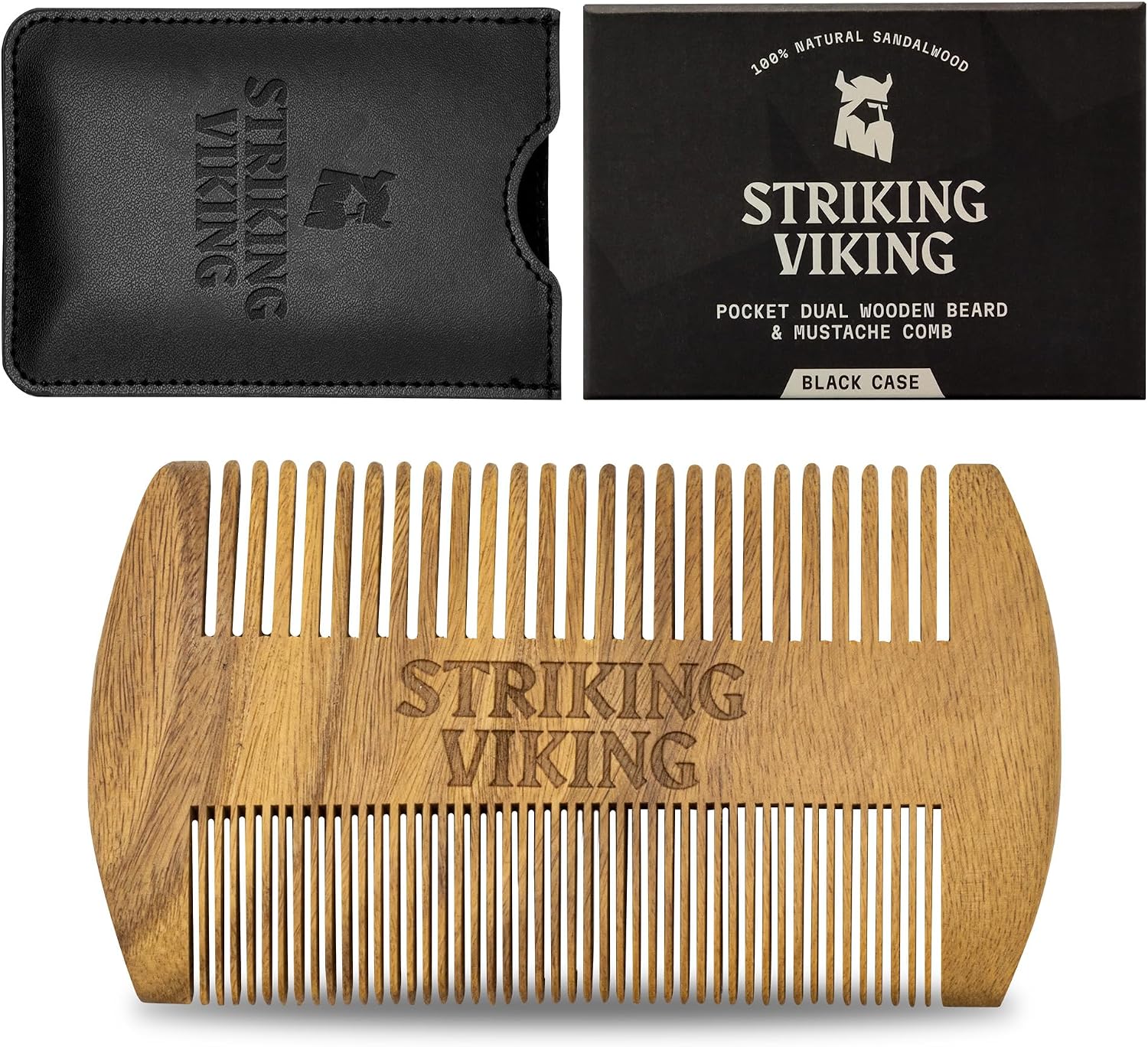 Sandalwood Beard Comb and Case - Pocket Sized Wooden Beard & Mustache Comb with Fine & Coarse Teeth - Perfect for Use with Balms and Oils - Striking Viking (Black)