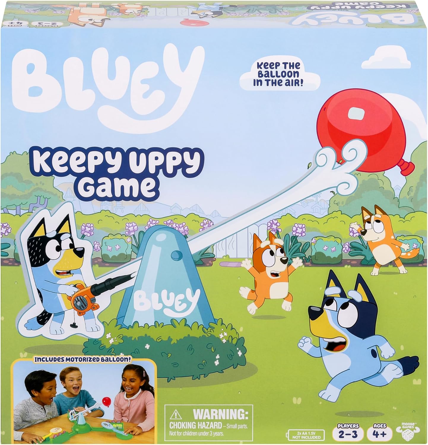 Bluey Keepy Uppy Game Help, Bingo, and Chilli Keep the Motorized Balloon in the Air With the Character Paddles For 2-3 players Ages 4+