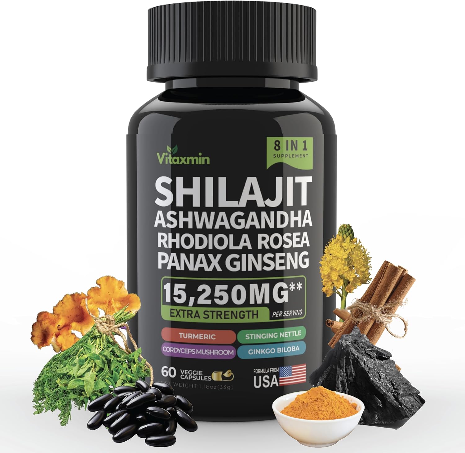 Shilajit and Ashwagandha Capsules, 8-in-1 Herbal Multivitamin for Men and Women, with Rhodiola Rosea, Ginseng, and Stinging Nettle, Shilajit for Men and Women