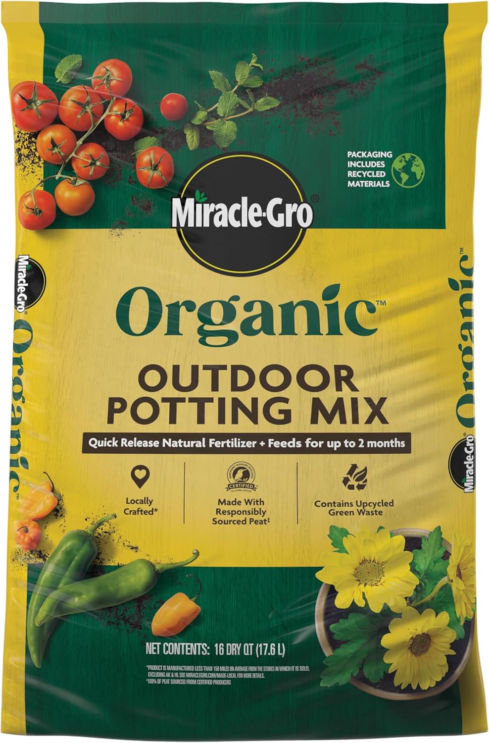 Miracle-Gro Organic Outdoor Potting Mix - Plant Soil for Outdoor Container Plants, Contains Quick-Release Natural Fertilizer, OMRI Listed, 16 qt.