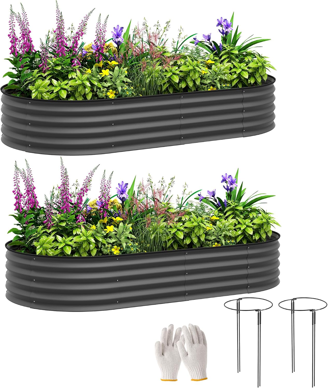Outsunny Set of 2 Raised Beds for Garden, Outdoor Galvanised Planter Box with Plant Support Stakes, Rubber Strap Edging and Bottomless for Flower, Vegetable, 181 x 93 x 30 cm, Dark Grey