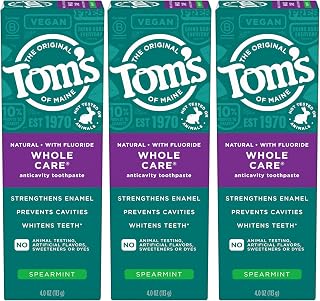 Tom's of Maine Whole Care Natural Toothpaste with Fluoride, Spearmint, 4 Ounce (Pack of 3), (Packaging May Vary)