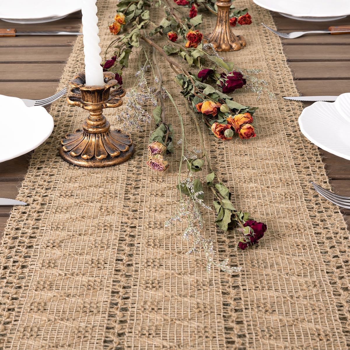 Dremisland Boho Christmas Table Runner Macrame Farmhouse 72 Inch Burlap Jute Bamboo Coffee Table Runner Rustic Table Cover Dresser Scarf for Christmas Dining Kitchen Table Centerpiece Decor
