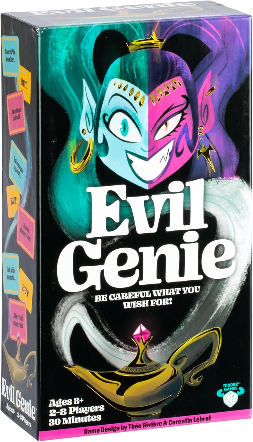 Evil Genie, Party Game Where Players Combine Good Cards with Evil Cards to Grant One Messed Up Wish, Then Guess If The Wish Will Be Taken to Score Points & Win The Game, for 2 – 8 Players​, Ages 8+