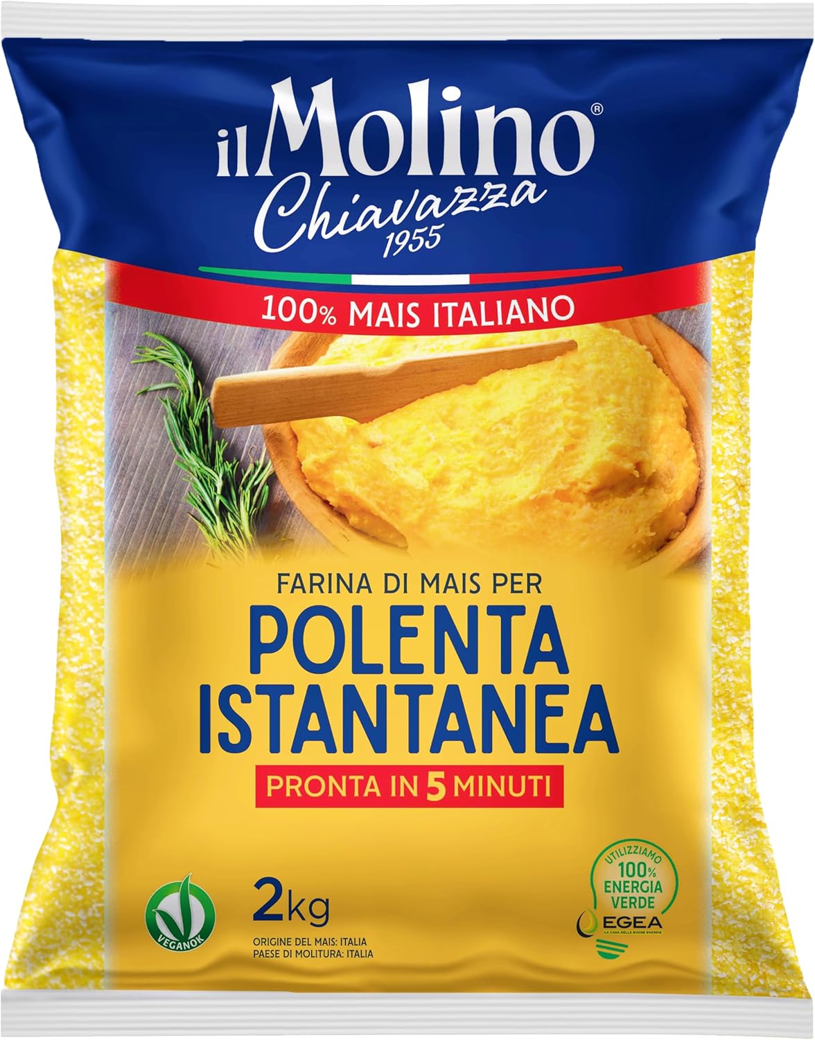 il Molino Chiavazza Italian Instant Polenta 2kg - Vegan | Made with 100% Italian Corn | Ready in 5 Minutes | Traditional Italian Recipe | No Additives - Polenta Instantanea