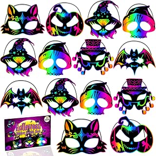 JMUQ Halloween Crafts Scratch Mask for Kids, 36Pcs Halloween Games Scratch Art Craft Kit Rainbow Scratch Paper for Halloween Party Favors Supplies Classroom Favors Halloween Activities