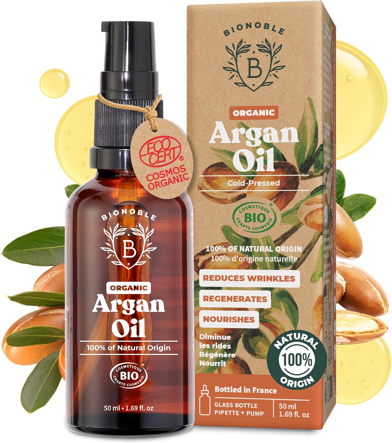 BIONOBLE Organic Argan Oil for Hair, Face, Body - From Morocco - 50ml